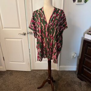 Adrienne Pink & Green Abstract V-Neck Blouse